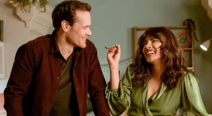 Sam Heughan (Rob) and Priyanka Chopra Jonas (Mira) acting in Love again movie