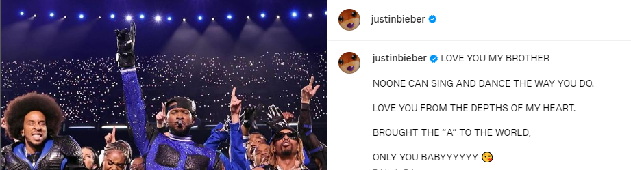 Justin Bieber post about Usher performance