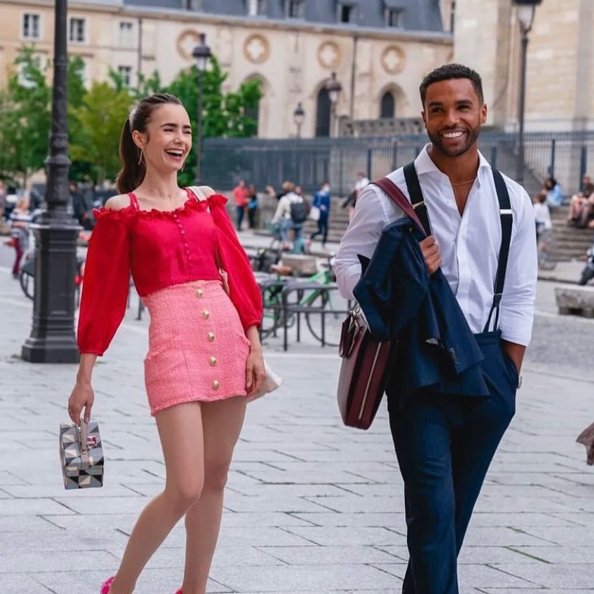 Lucien Leon Laviscount with Lily Collines acting as Elfie and Emily in Emily in Paris series 