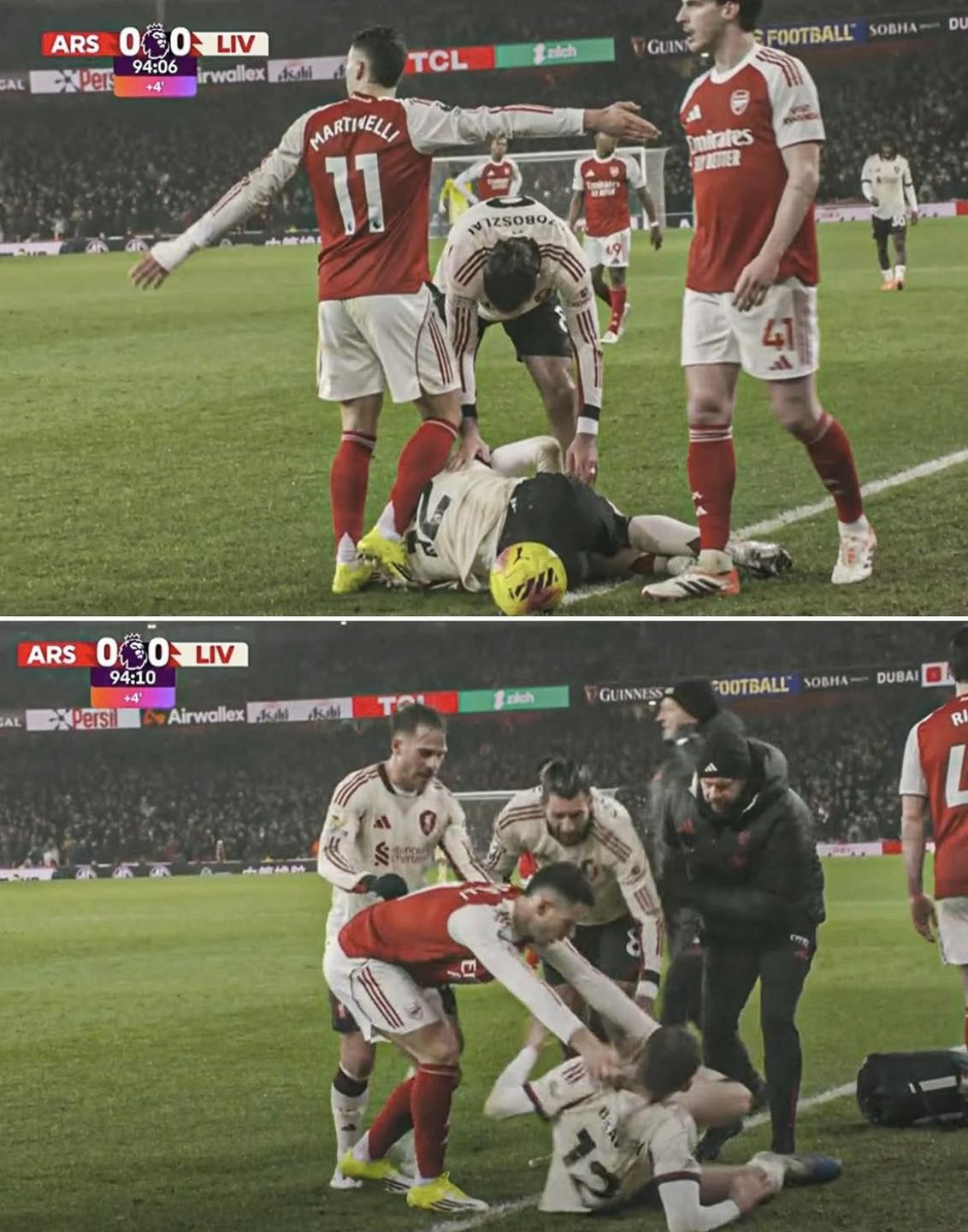Gabriel Martinelli after pushing Conor Bradley during 0-0 draw between Arsenal and Liverpool